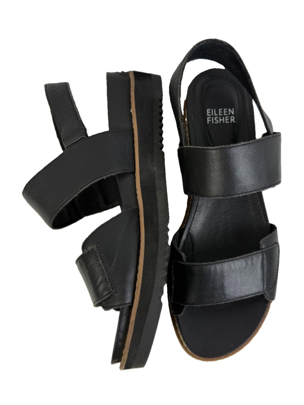 Eileen Fisher Black Leather Sandals Size US6 Strappy Women’s Kale Velcro